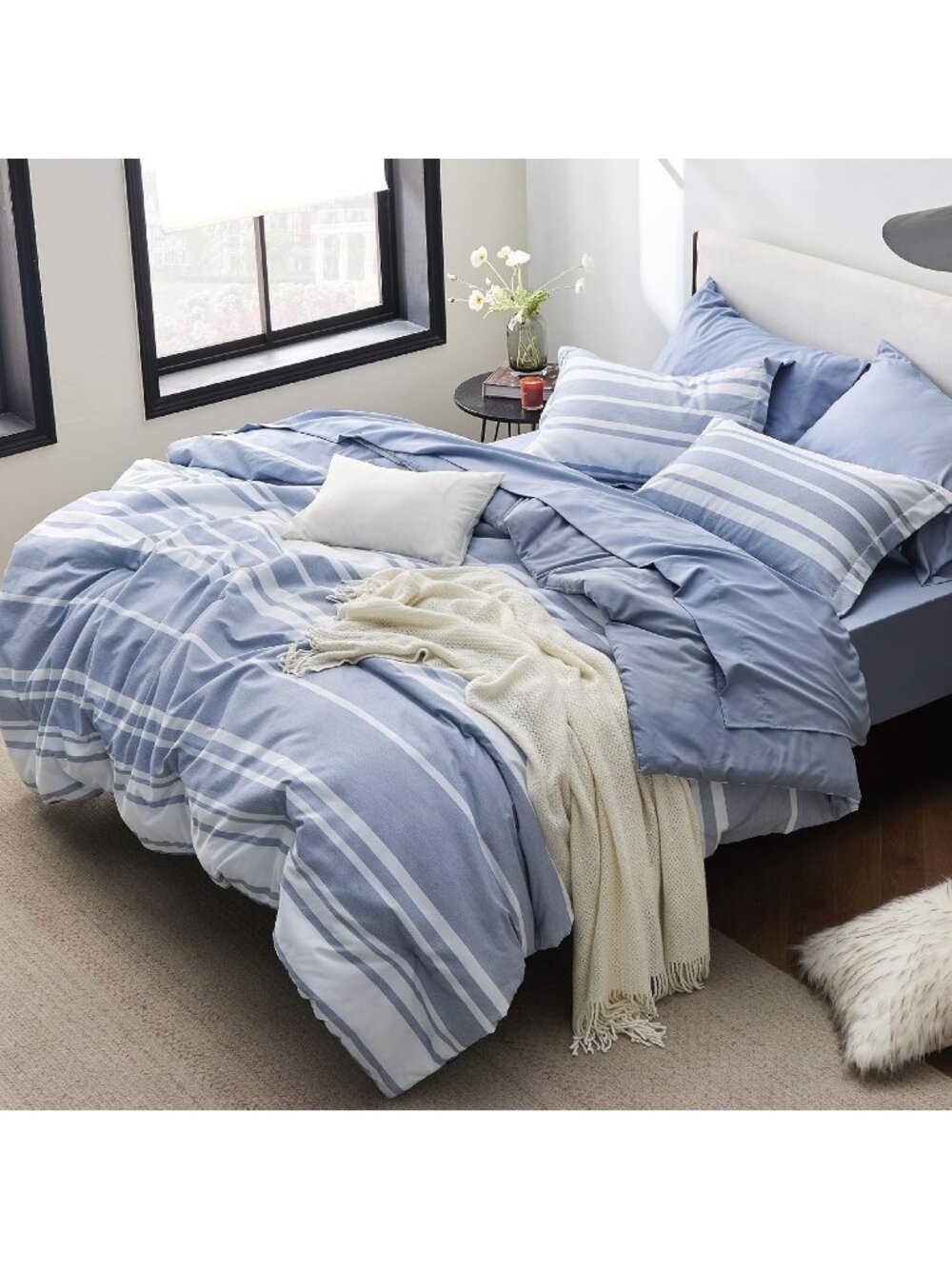 NWT Twin Comforter Set 5 Piece, Blue Striped, Reversible, All-Season